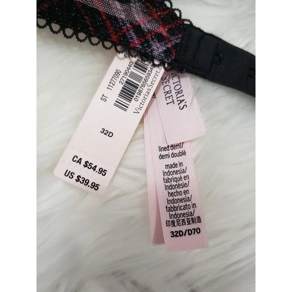 NEW 32D VICTORIA'S SECRET LIGHTLY LINED DEMI BRA  BLACK SHIMMER CHECKERED PLAID